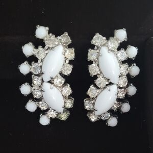 Vintage White Milk Glass and Rhinestone In Silver, Clip On Earrings